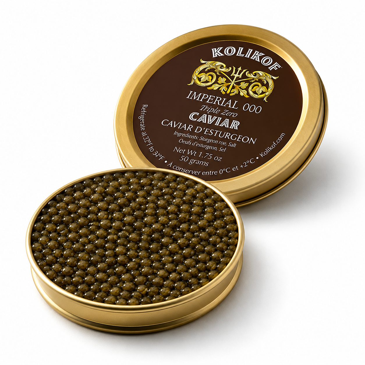 Kolikof Imperial Caviar in a gold container on a white background